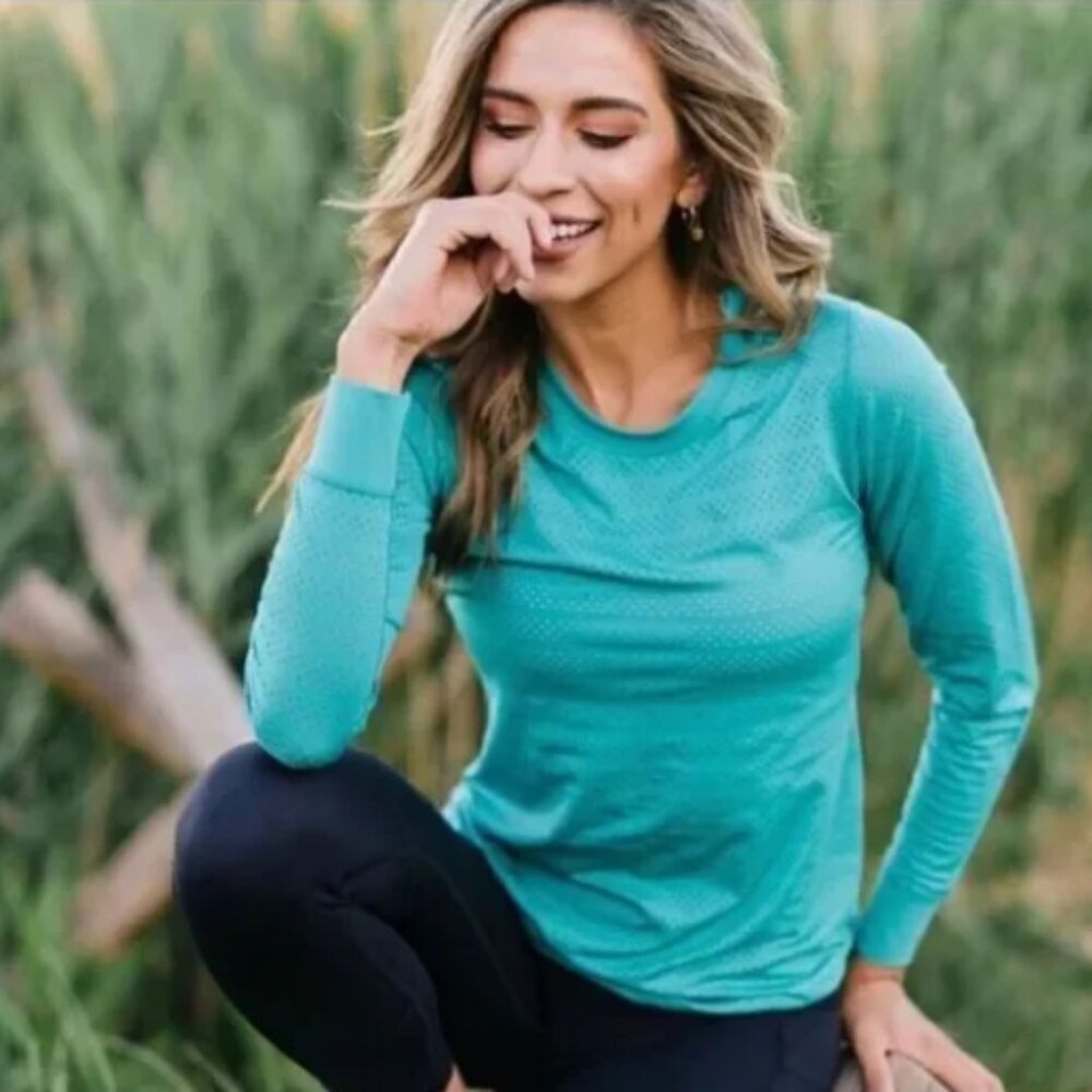 ZYIA Active Chill Long Sleeve Perforated Activewear Top Teal Size XL